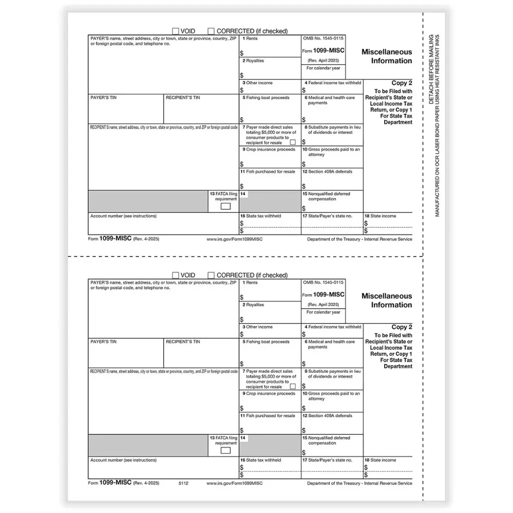 [5112] Tax Form 1099-MISC - Copy 2 / Copy 1 Payer (5112)