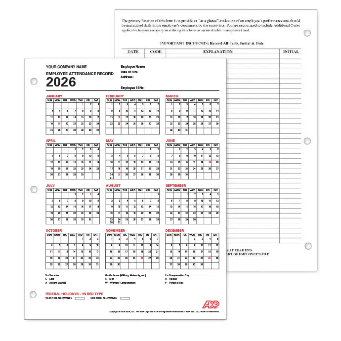 ADP Employee Attendance Record Calendar