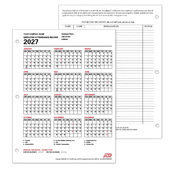 ADP Employee Attendance Record Calendar