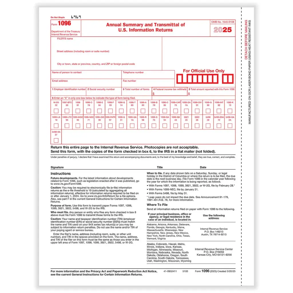 [510025] 1096 Summary And Transmittal Tax Form (5100)