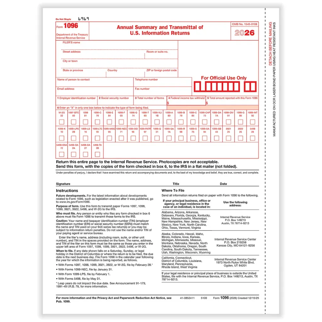 [510025] 1096 Summary And Transmittal Tax Form (5100)
