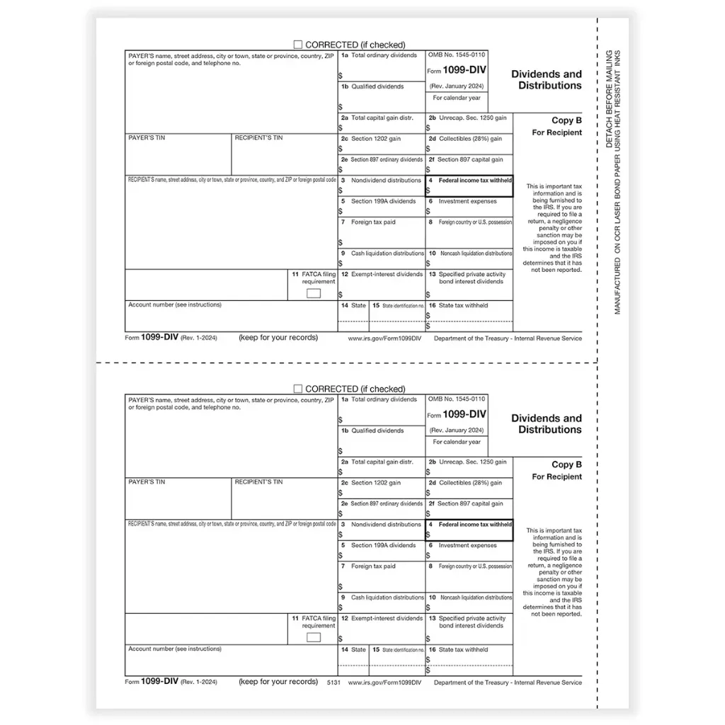 Tax Form 1099-DIV - Copy B/ 2 Recipient (5131)