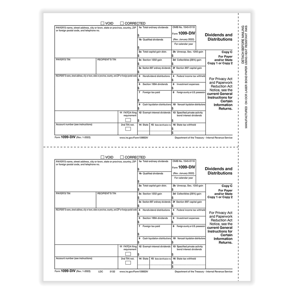 Tax Form 1099-DIV - Copy C/ 1 Payer State (5132)