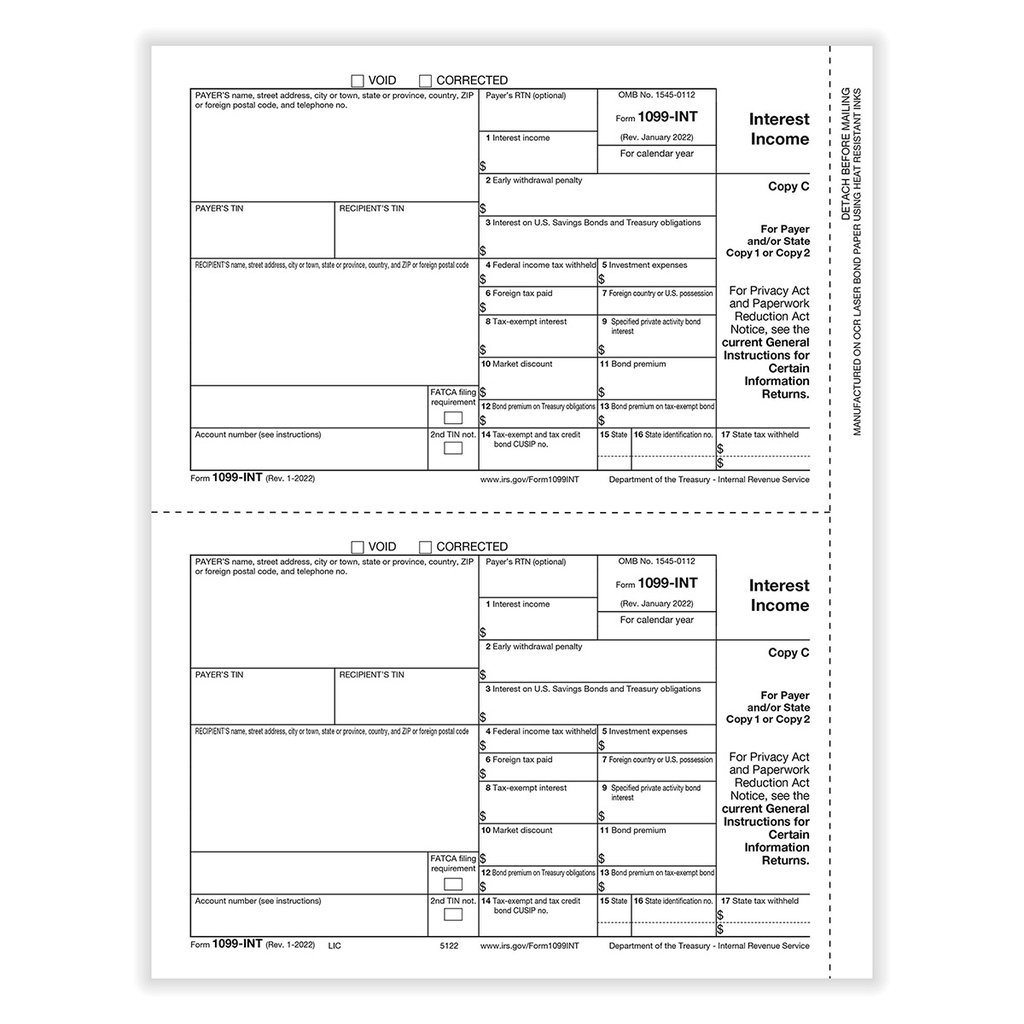 Tax Form 1099-INT - Copy C/ 1 Payer (5122)