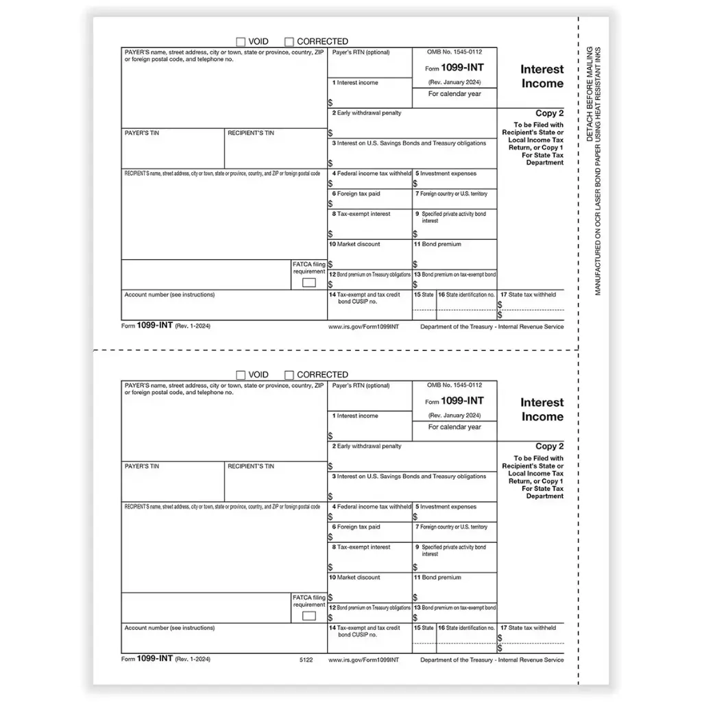 [5122] Tax Form 1099-INT - Copy C/ 1 Payer (5122)