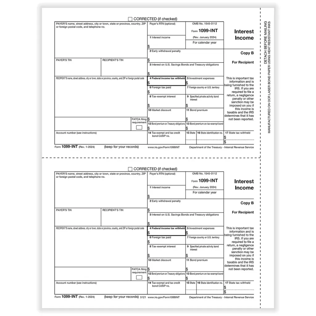 Tax Form 1099-INT - Copy B/ 2 Recipient (5121)