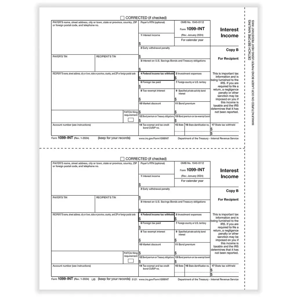 [5121] Tax Form 1099-INT - Copy B/ 2 Recipient (5121)