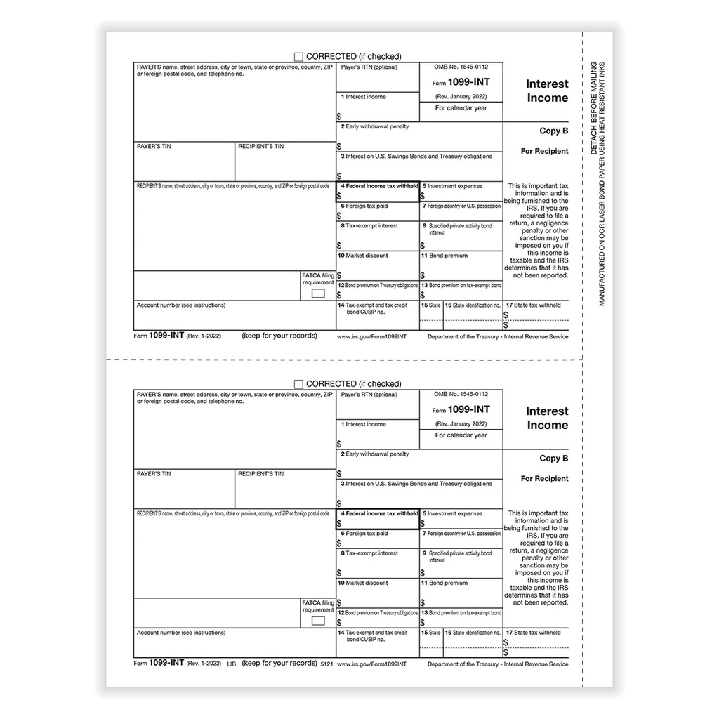 Tax Form 1099-INT - Copy B/ 2 Recipient (5121)