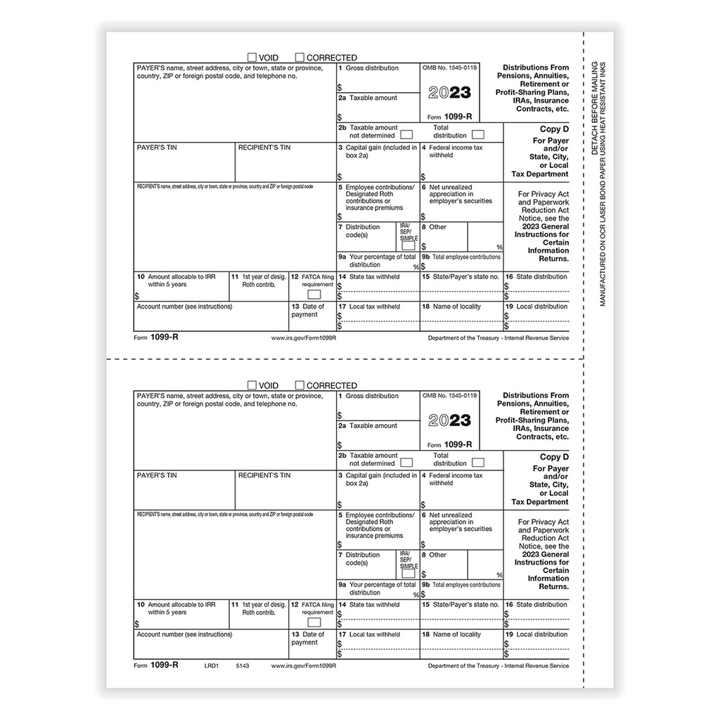 Tax Form 1099-R - Copy D/1 Payer/State (5143)