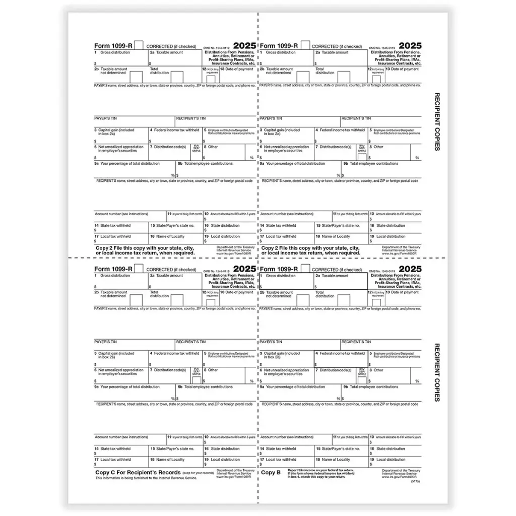 [5175] Tax Form 1099-R - Copy B Recipient Condensed - 4up (5175)
