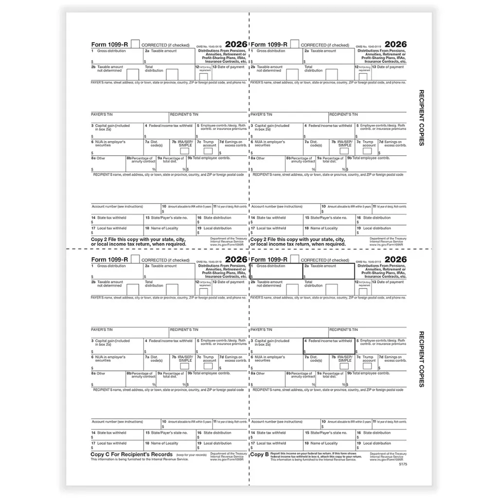 Tax Form 1099-R - Copy B Recipient Condensed - 4up (5175)