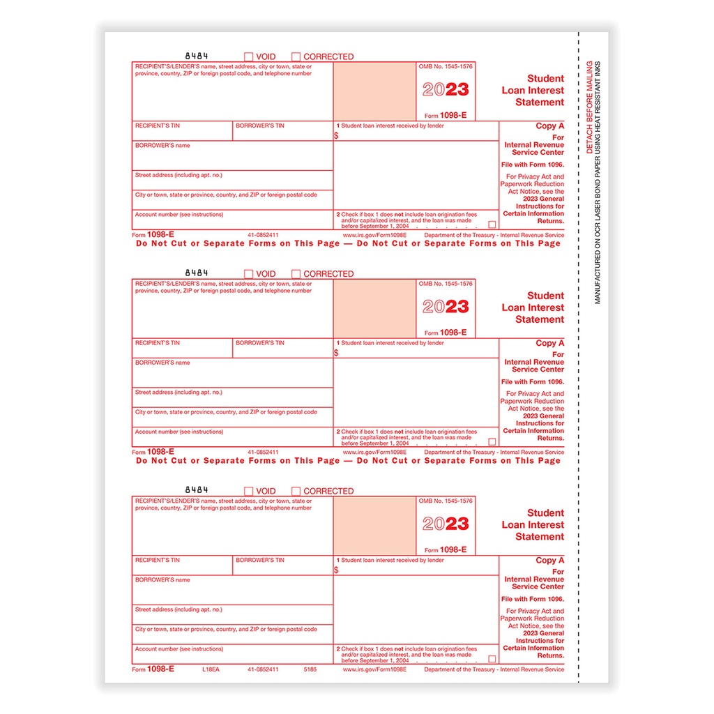 Tax Form 1098-E - Copy A Federal (5185)
