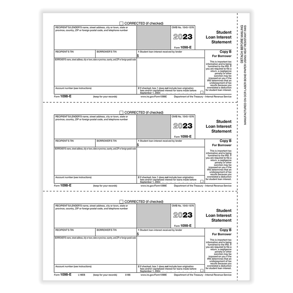 Tax Form 1098-E - Copy B Borrower (5186)