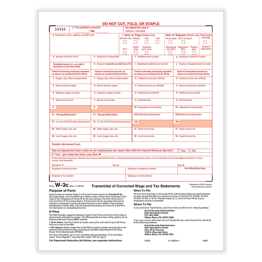 Tax Form W-3C Correction Summary Employer Federal (5309)