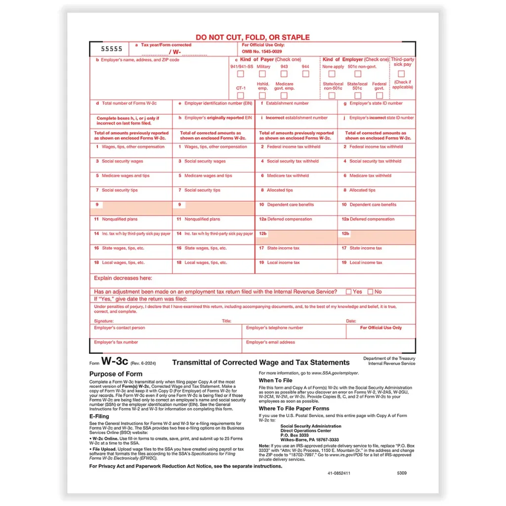 [530925] Tax Form W-3C Correction Summary Employer Federal (5309)
