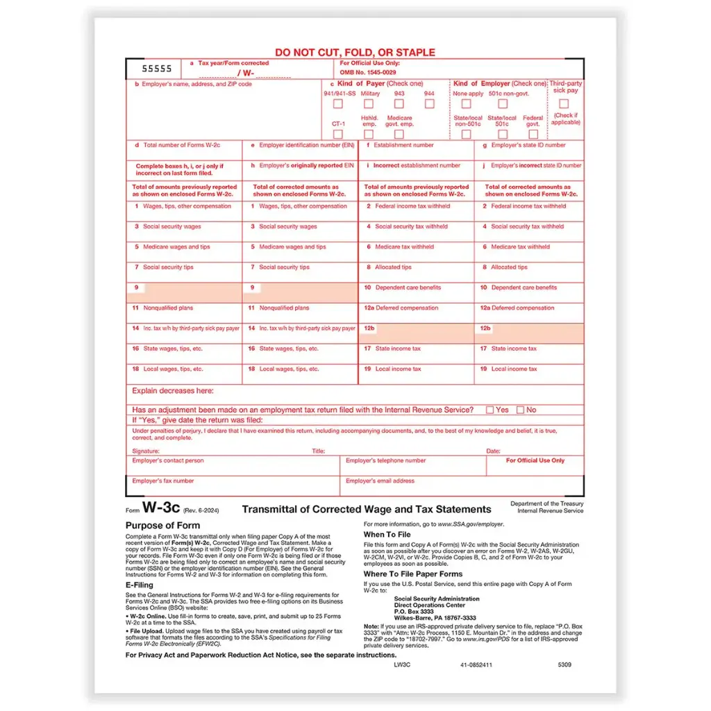 Tax Form W-3C Correction Summary Employer Federal (5309)