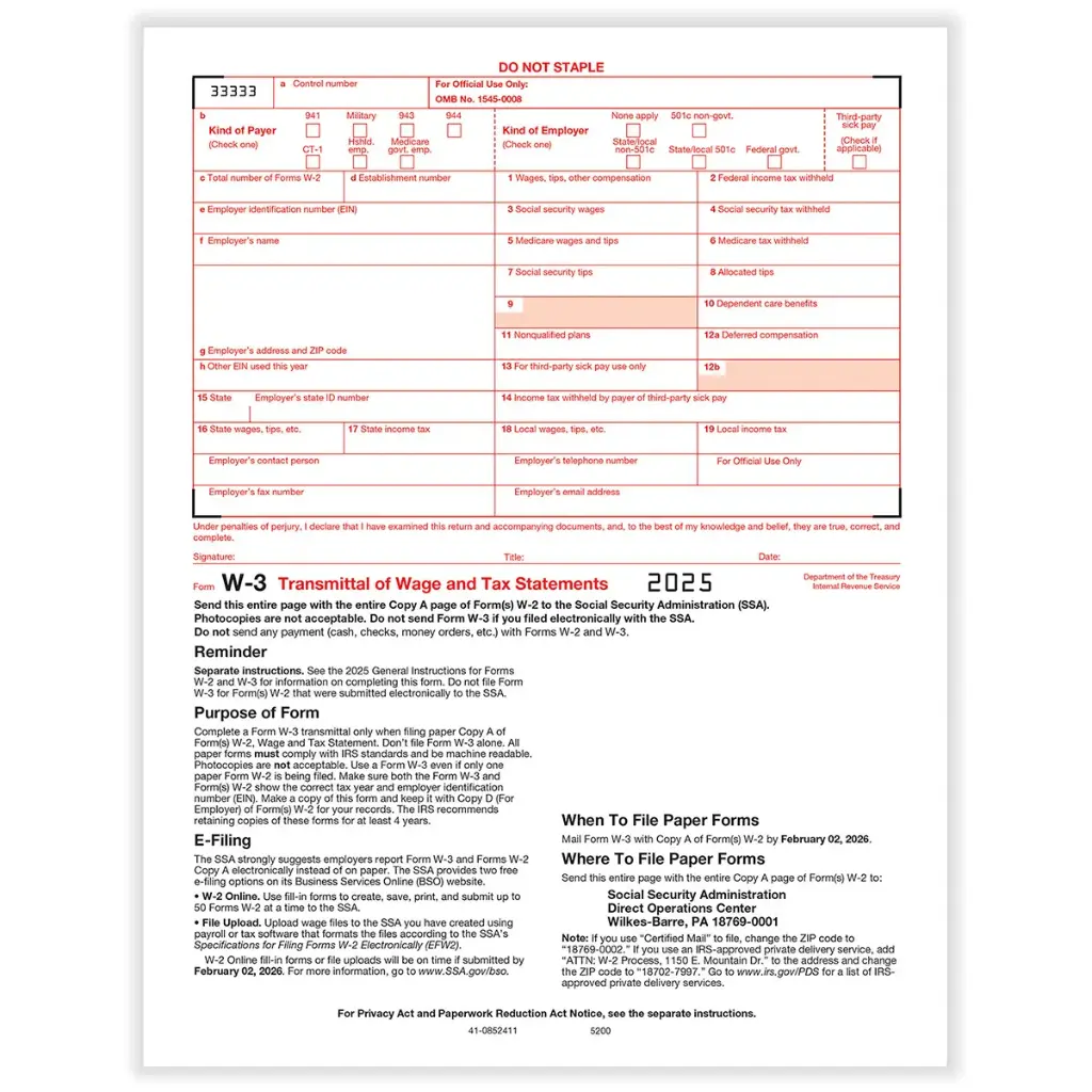 [520025] Tax Form W-3 Transmittal Employers Federal (5200)