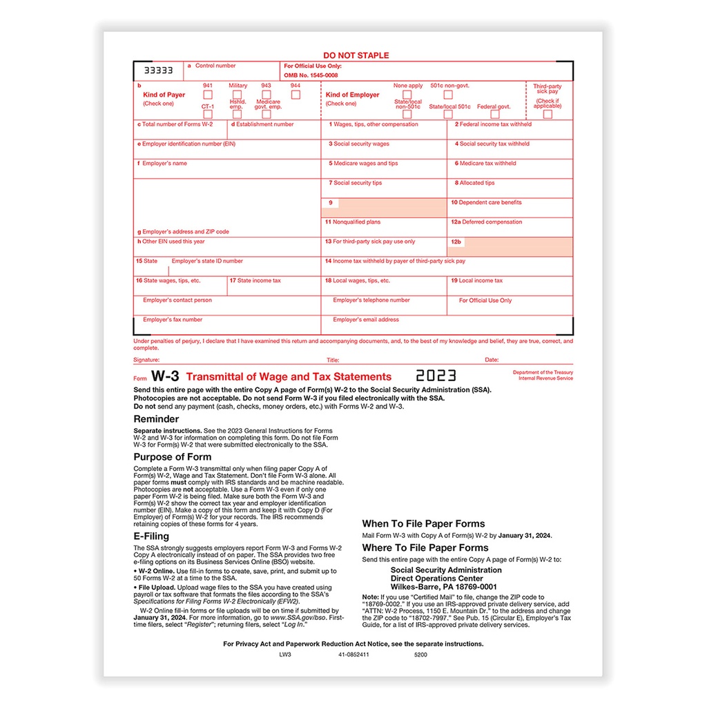 Tax Form W-3 Transmittal Employers Federal (520025)