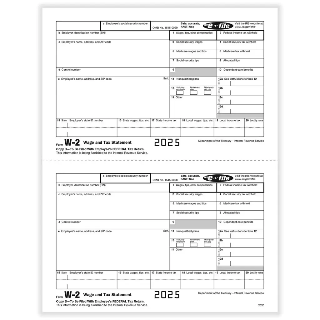 Tax Form W-2 - Copy B - Employee Federal IRS - 2up (5202)