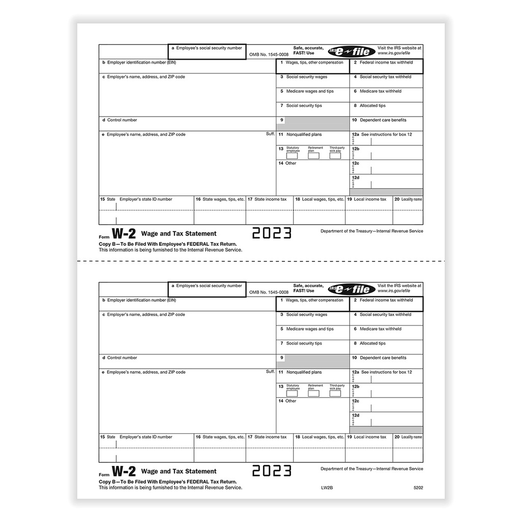 Tax Form W-2 - Copy B - Employee Federal IRS - 2up (5202)