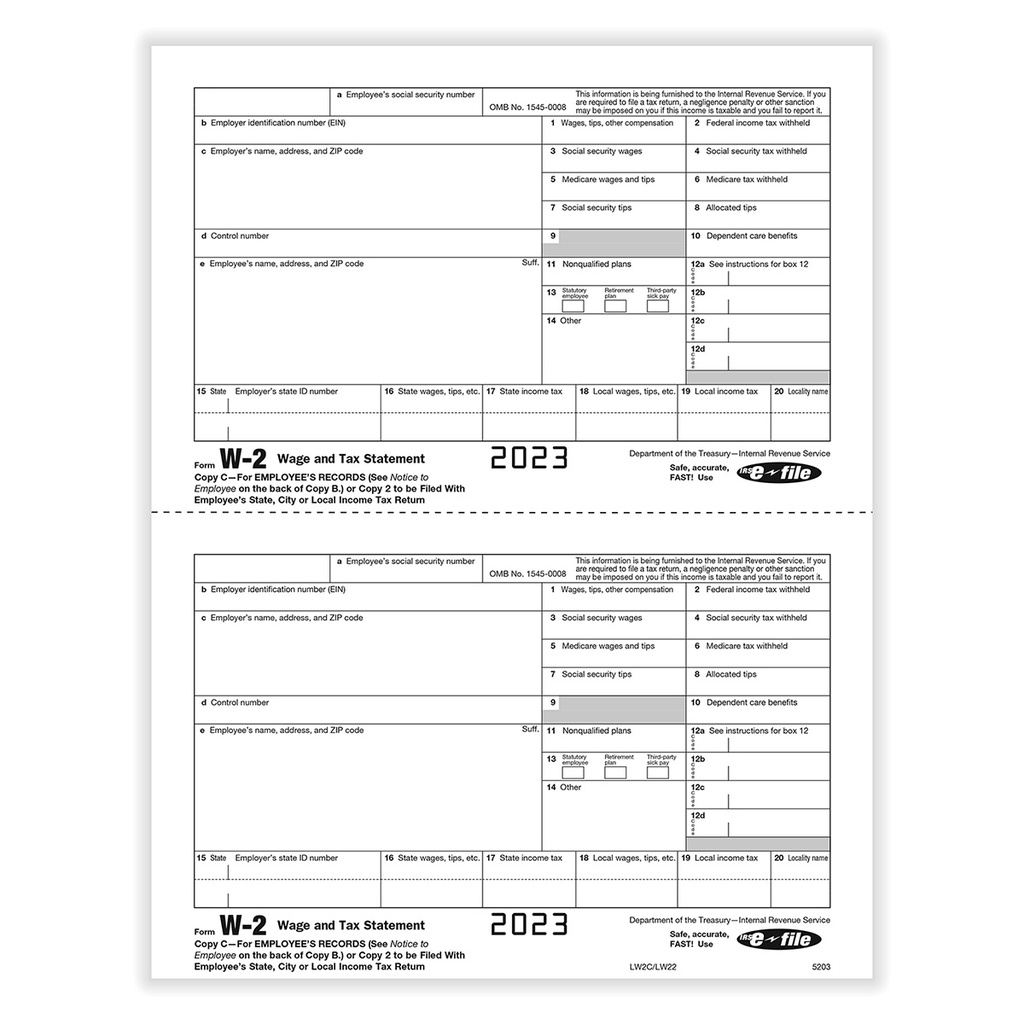 Tax Form W-2 - Copy C/ 2 - Employee Record - 2up (5203)