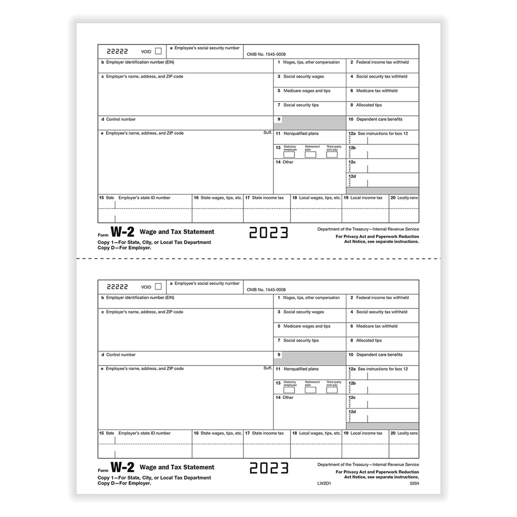 Tax Form W-2 - Copy D/1 - Employer Copy - 2up (5204)