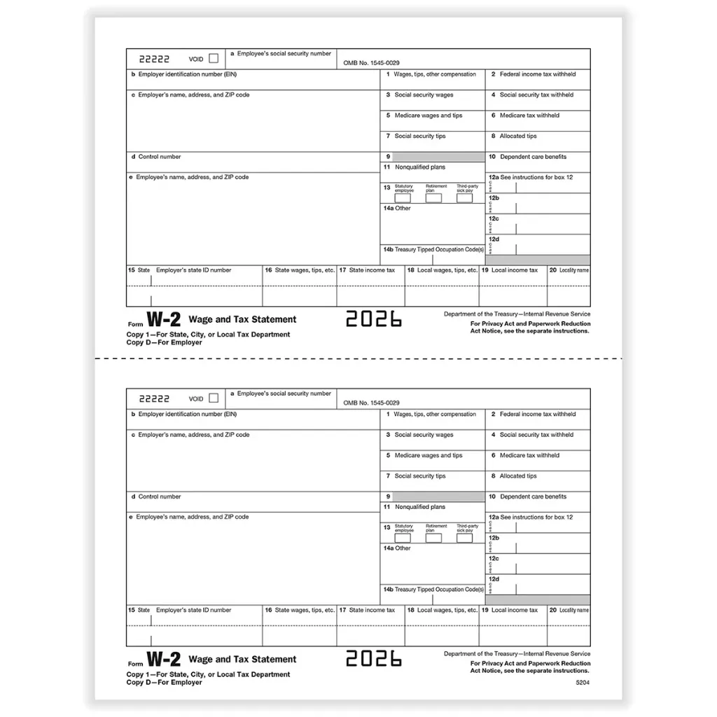[5204] Tax Form W-2 - Copy D/1 - Employer Copy - 2up (5204)