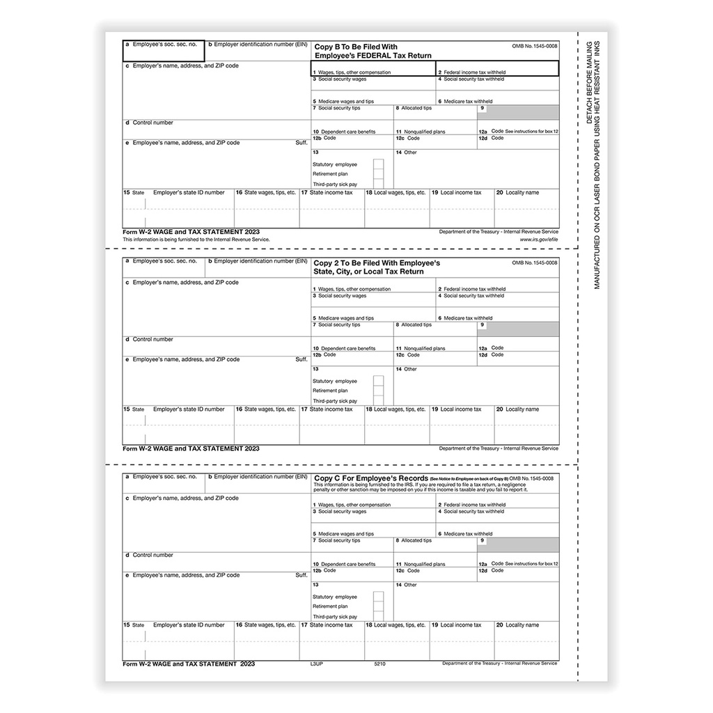 Tax Form W-2 - Employee Copies - Condensed - 3up (5210)
