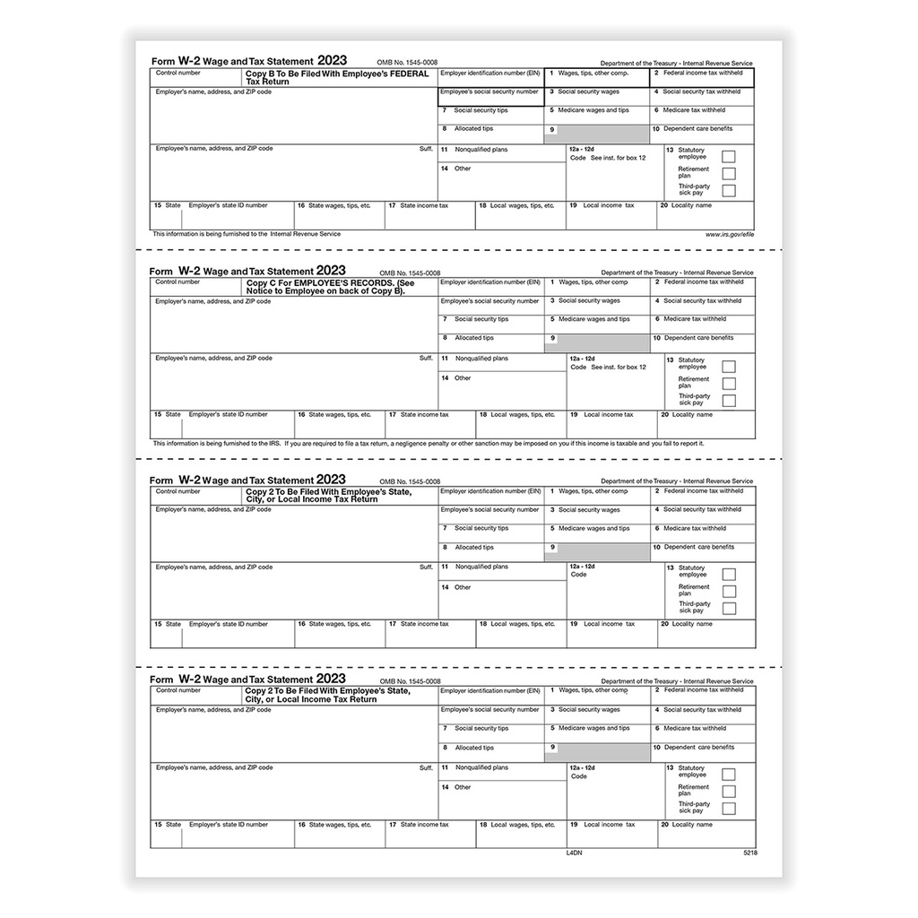 Tax Form W-2 - Employee Copies - Condensed - 4up - Version 2 (5218)