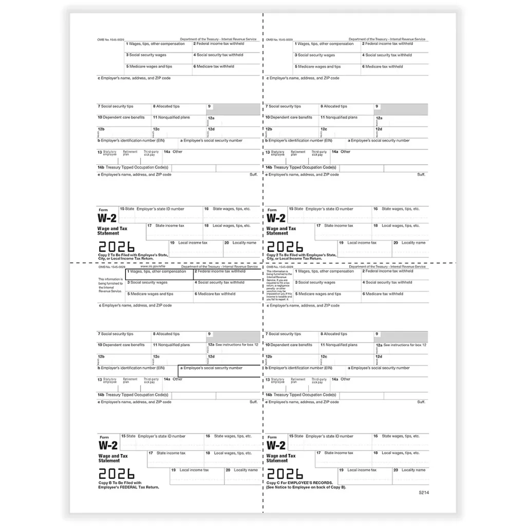 Tax Form W-2 - Employee Copies B/C/2/2 - 4up Version 1 (5214)