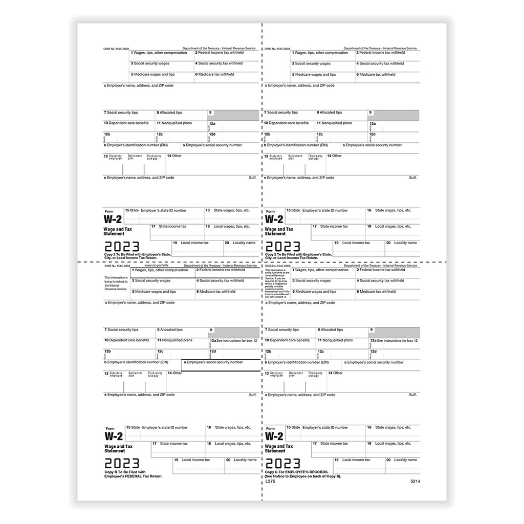 Tax Form W-2 - Employee Copies B/C/2/2 - 4up Version 1 (5214)