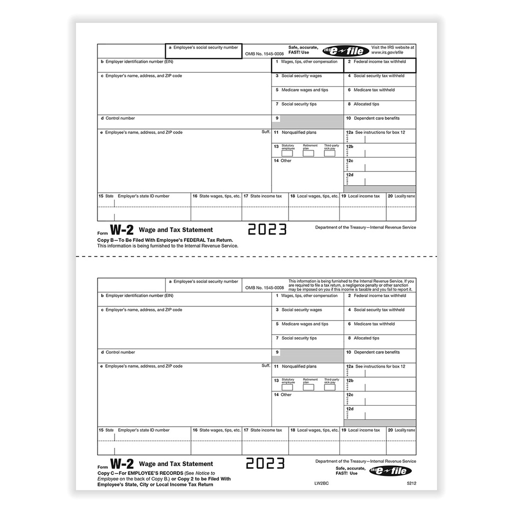 Tax Form W-2 - Federal IRS and Record - Condensed - 2up (5212)