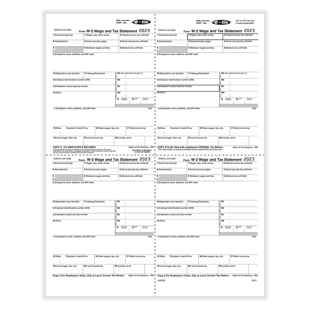 Tax Form W-2 Version 1A LW - 4up (5216)