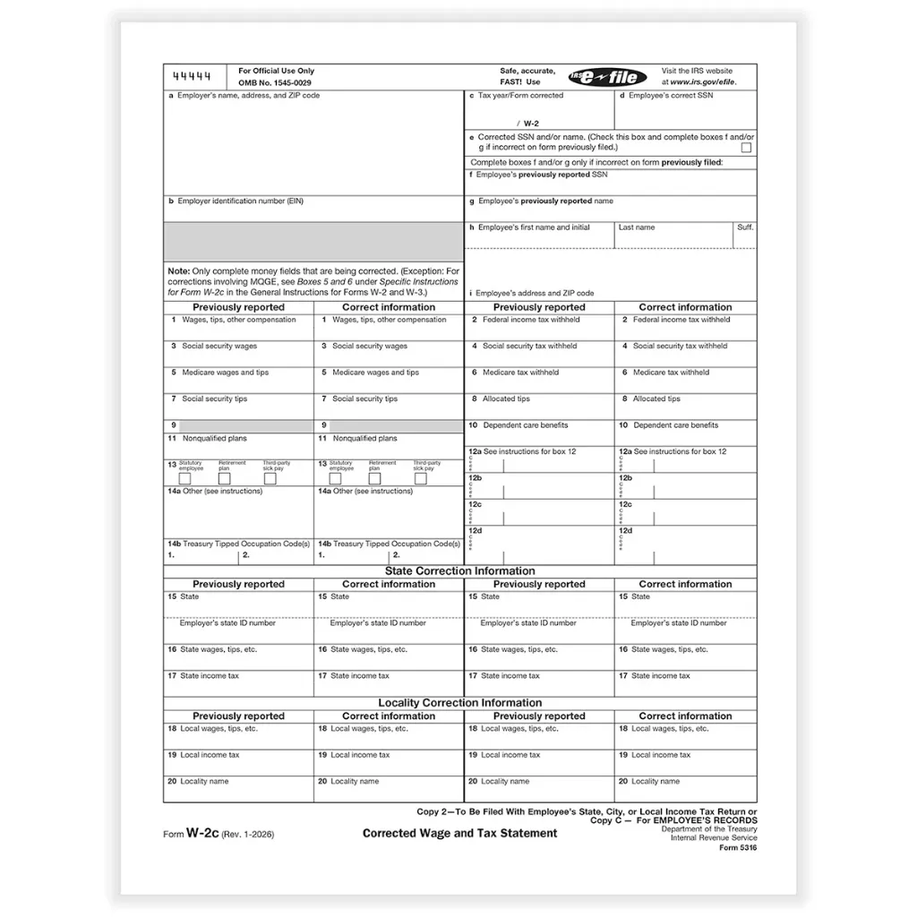 [5316] Tax Form W-2C - Copy C / 2- Employee Record (5316)