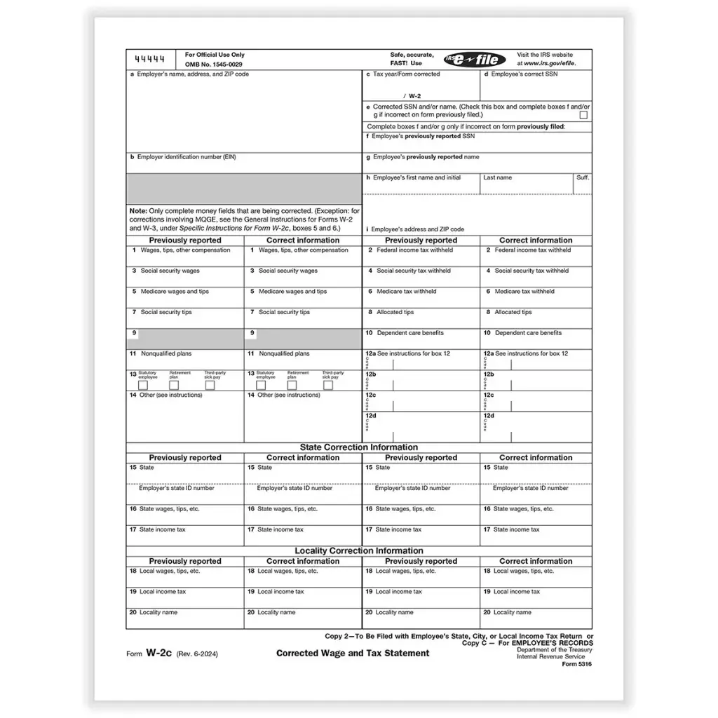 [5316] Tax Form W-2C - Copy C / 2- Employee Record (5316)