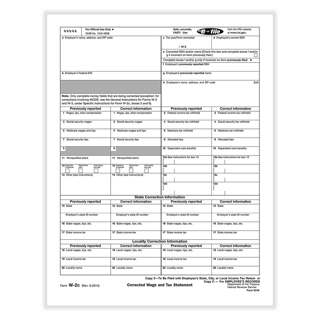 Tax Form W-2C - Copy C / 2- Employee Record (5316)