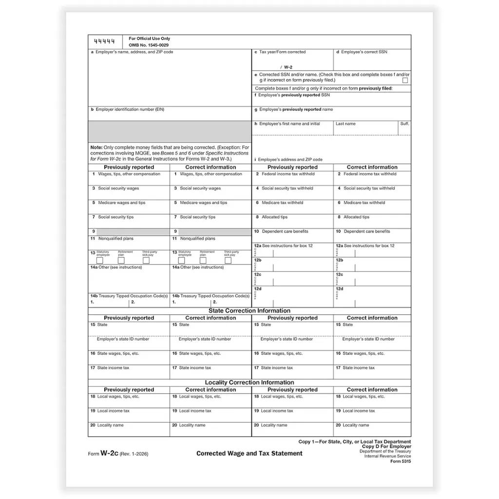 [5315] Tax Form W-2C - Copy D/ 1 - Employers Record (5315)
