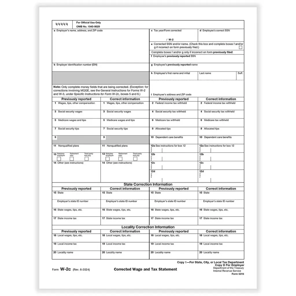 Tax Form W-2C - Copy D/ 1 - Employers Record (5315)