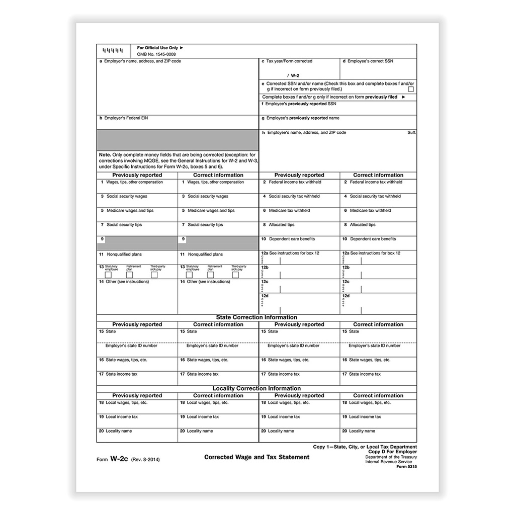 Tax Form W-2C - Copy D/ 1 - Employers Record (5315)