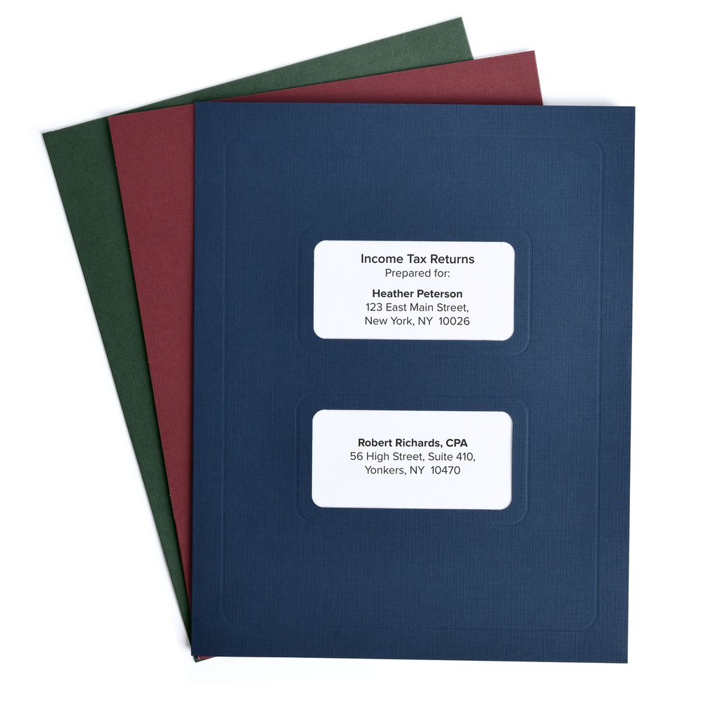 [291-L15] Linen Tax Software Folders - Large Windows (Blue - 80 lb. Linen, Top-Tabs with Right Pocket)