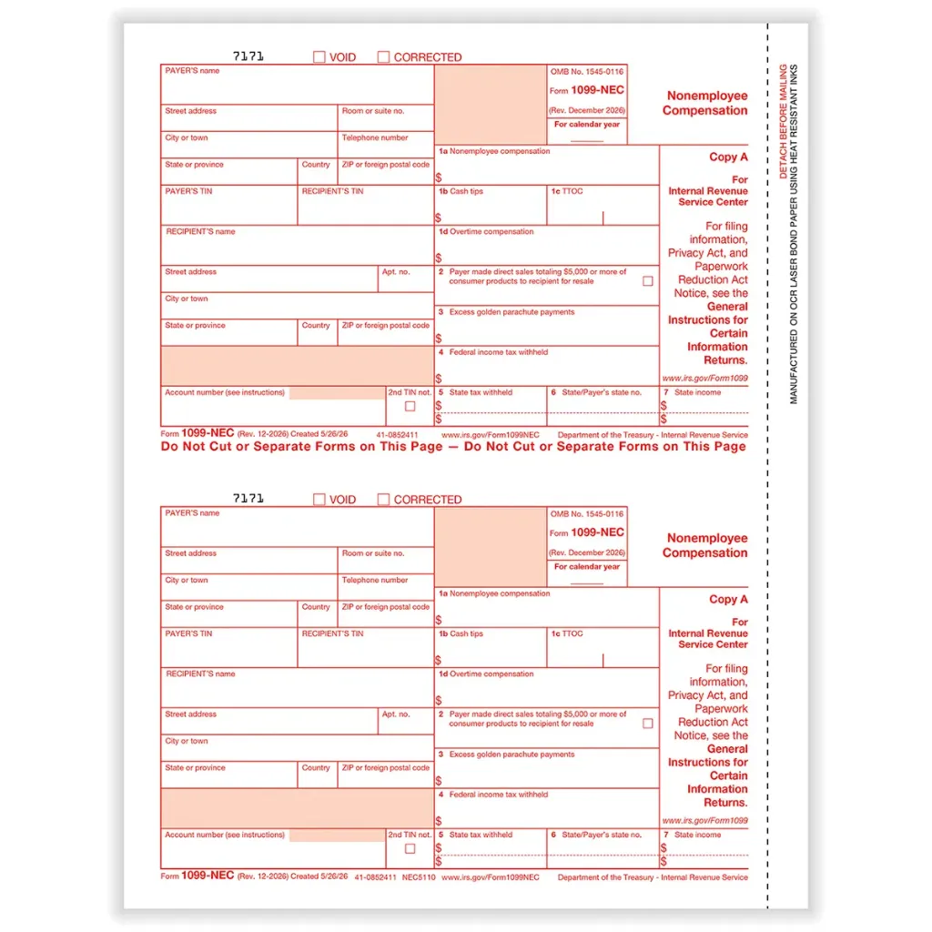 Tax Form 1099-NEC - Copy A Federal (NEC5110)