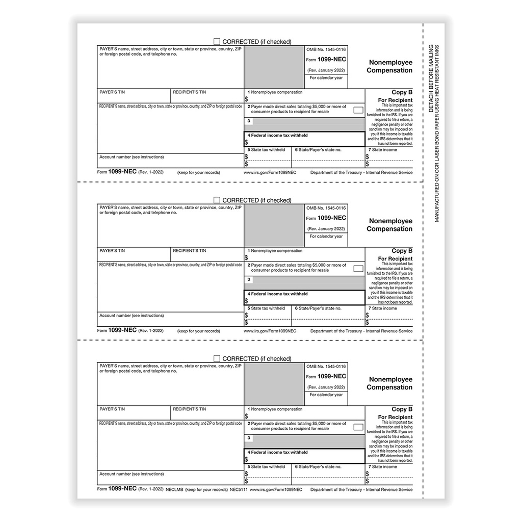 Tax Form 1099-NEC - Copy B Recipient (NEC5111)