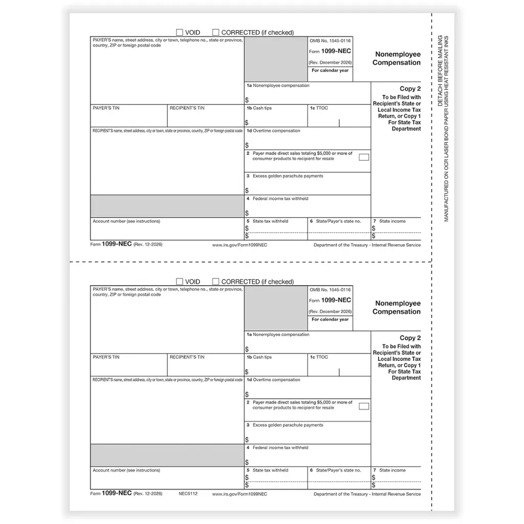 Tax Form 1099-NEC - Copy 2 / Copy 1 Payer (NEC5112)