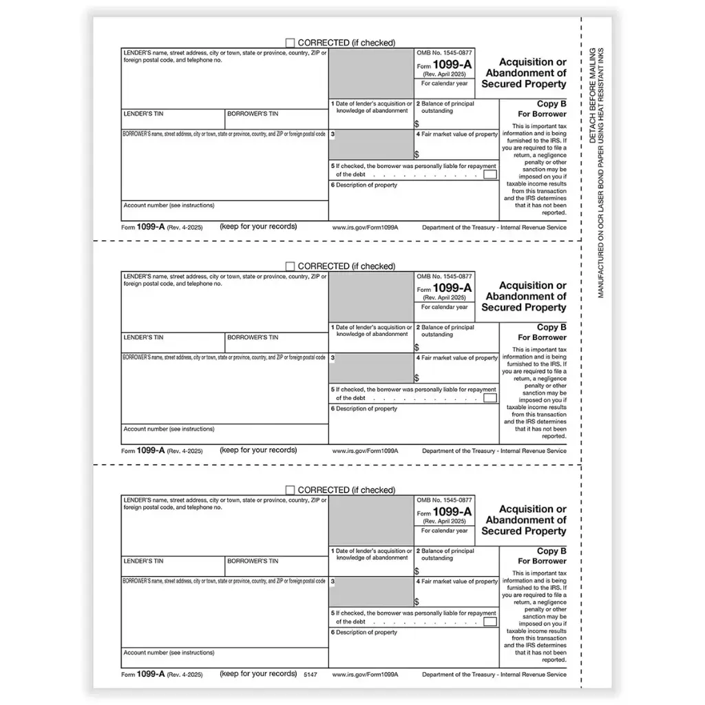 [514750] Tax Form 1099-A Borrower Copy B, 3-Up (5147)