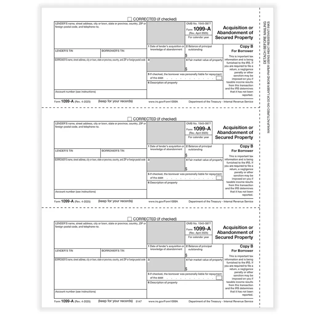 [514750] Tax Form 1099-A Borrower Copy B, 3-Up (5147)