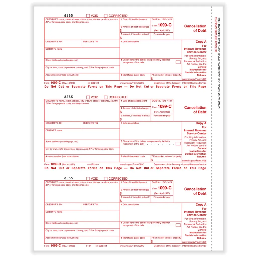 [513750] Tax Form 1099-C Federal Copy A (Cancellation of Debt), 3-Up (5137)