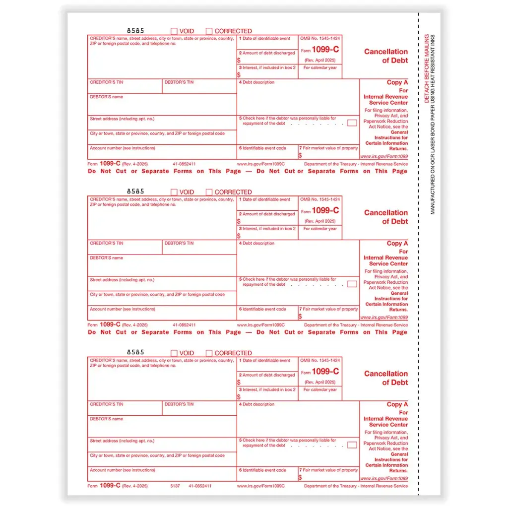 [513750] Tax Form 1099-C Federal Copy A (Cancellation of Debt), 3-Up (513750)
