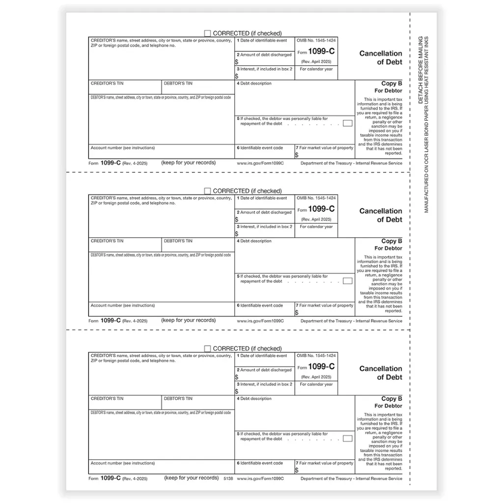 [513850] Tax Form 1099-C Copy B (Cancellation of Debt), 3-Up (5138)