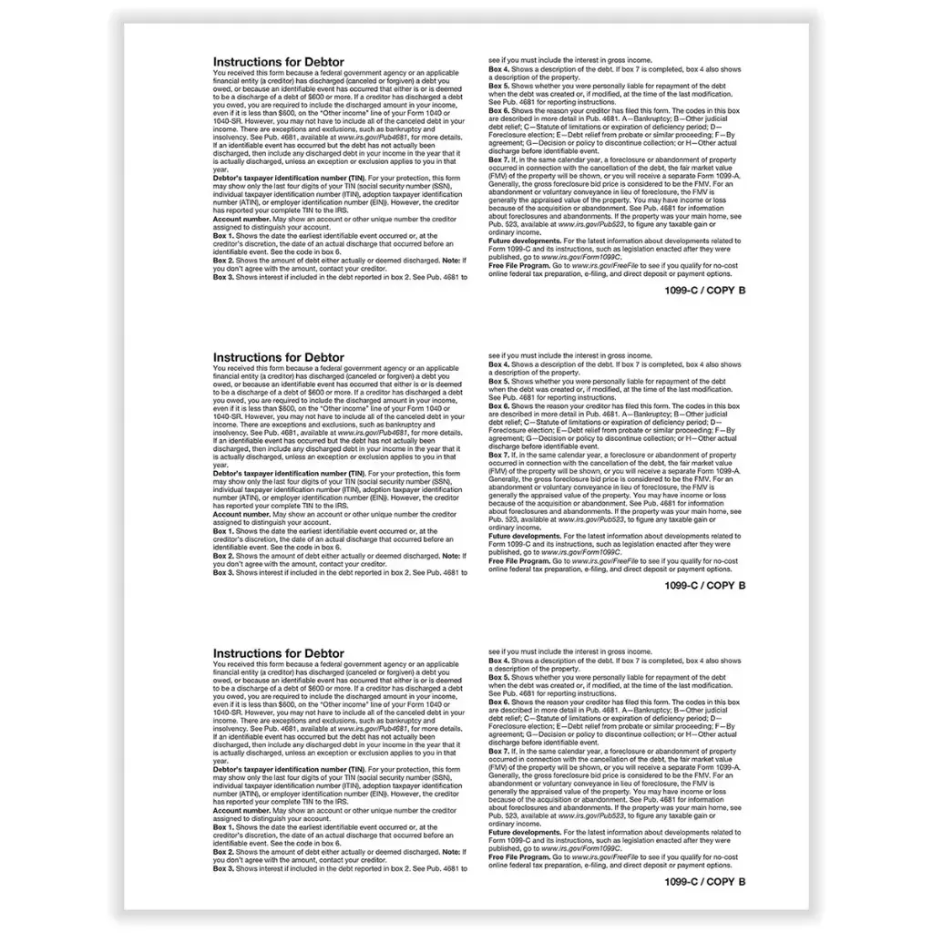 [513850] Tax Form 1099-C Copy B (Cancellation of Debt), 3-Up (513850)