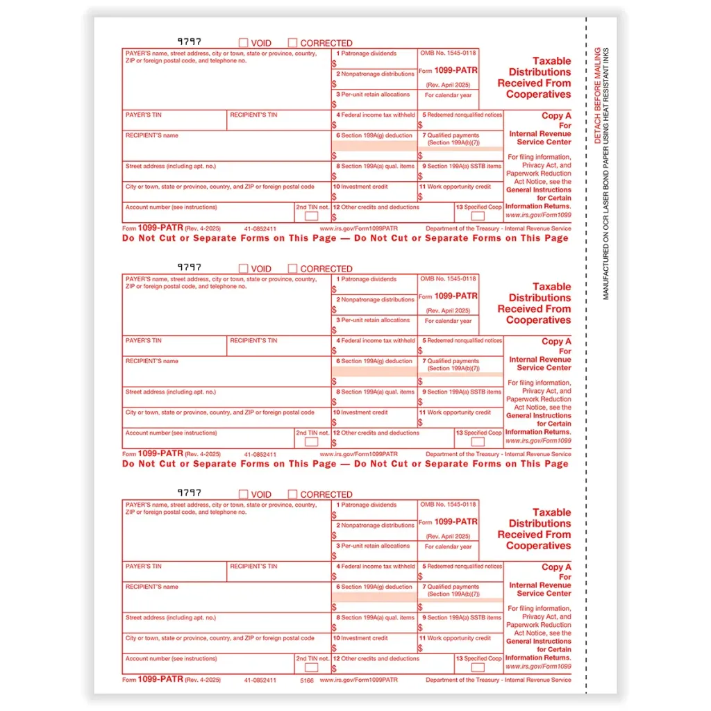 [516650] Tax Form 1099-PATR Federal Copy A (Patronage), 3-Up (5166)
